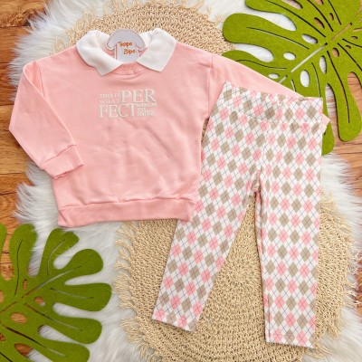 Conj. Casaco de Moletom com Gola Polo Perfect e Calça Legging Losangos - Rosa